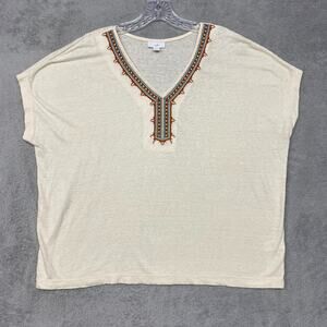 J Jill Top Womens Medium Beige Tee Shirt Linen Viscose Embroidered V Neck